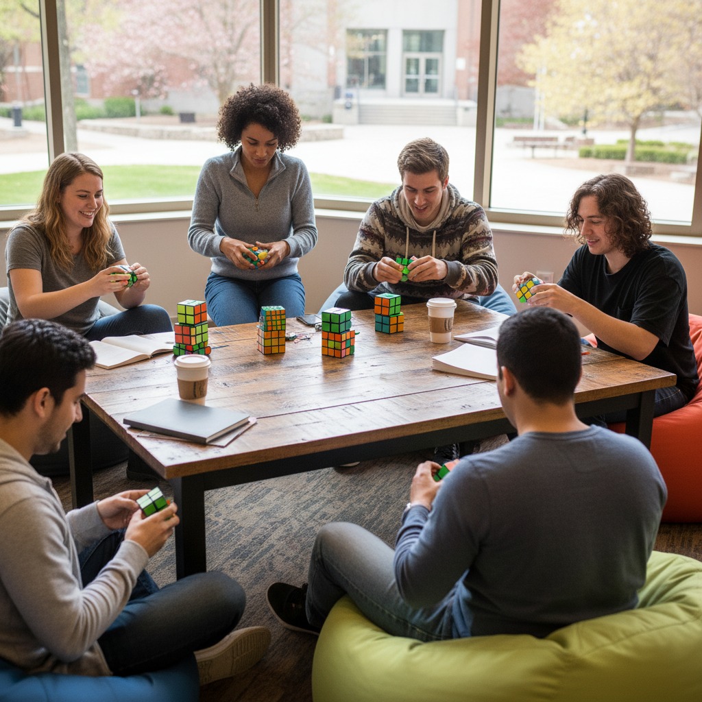 Un grupo de seis jóvenes adultos sentados alrededor de una mesa de madera resuelve cubos de Rubik en una sala luminosa con grandes ventanales.
